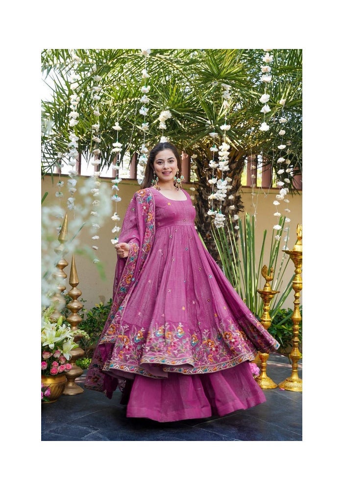 Malishka Export Pink Embroidered Anarkali Gown With Dupatta for Women - Image 1